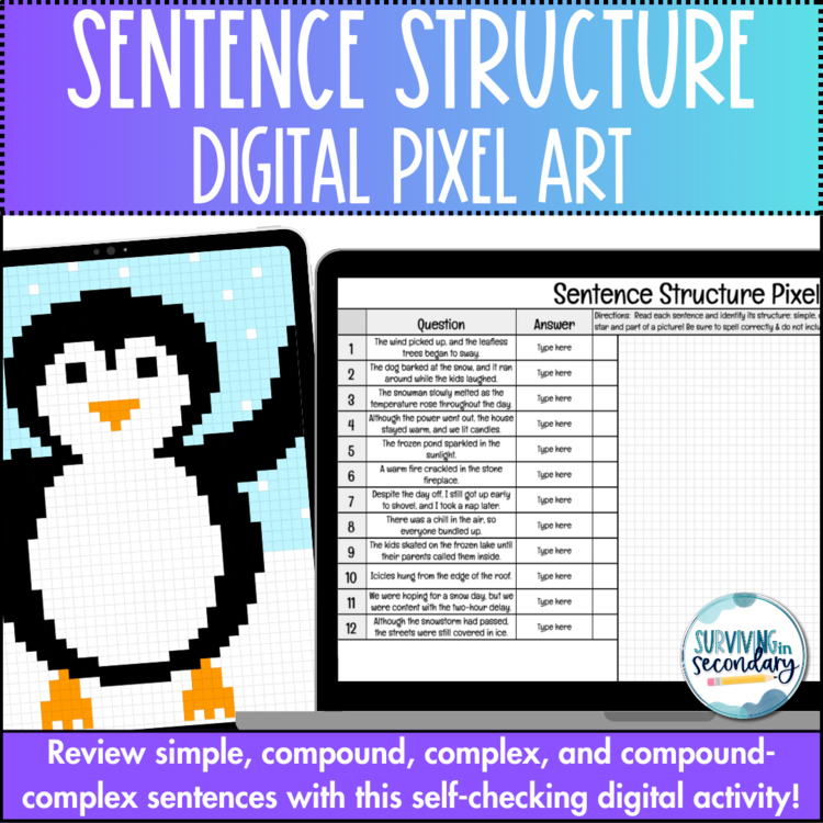 Sentence Structure Winter Pixel Art - Self-Checking Digital Activity for ELA