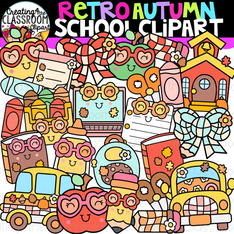 Retro Autumn School Clipart | Groovy School clipart for decor and worksheets
