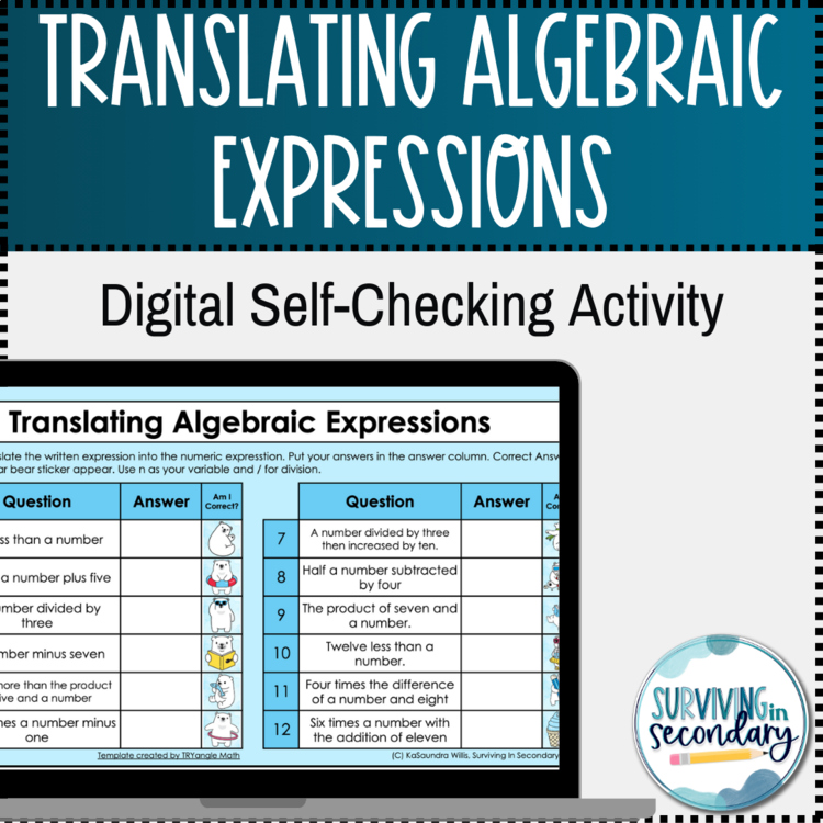 Translating Algebraic Expressions Winter Themed Digital Practice Activity