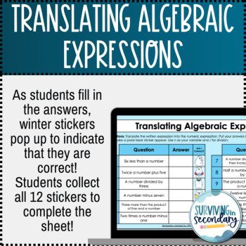 Translating Algebraic Expressions Winter Themed Digital Practice Activity, image 2