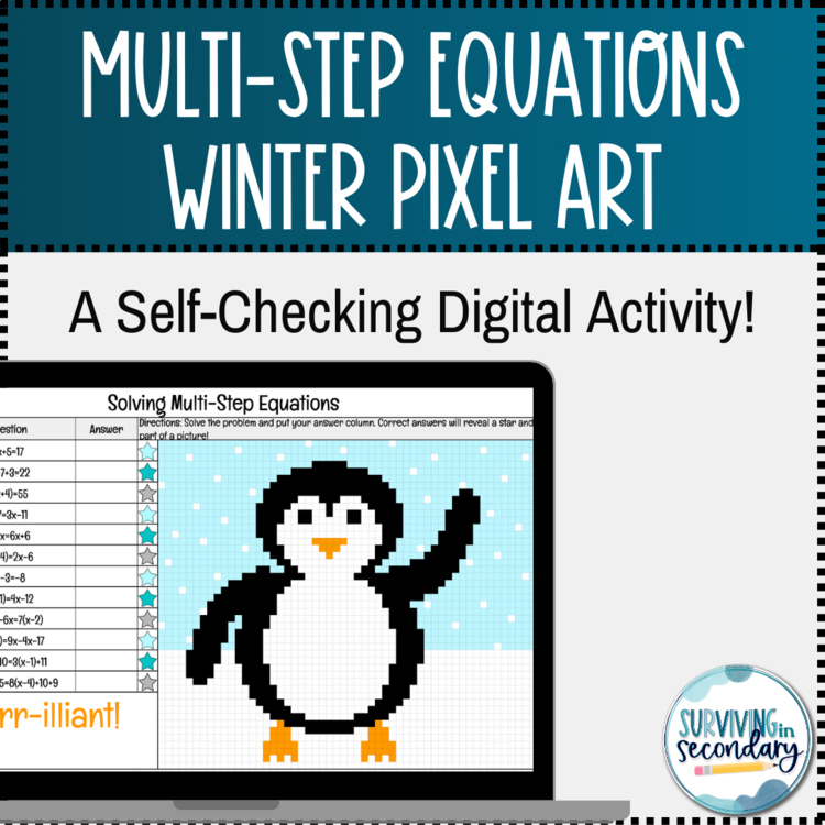 Multi-Step Equations Winter Pixel Art Digital Activity