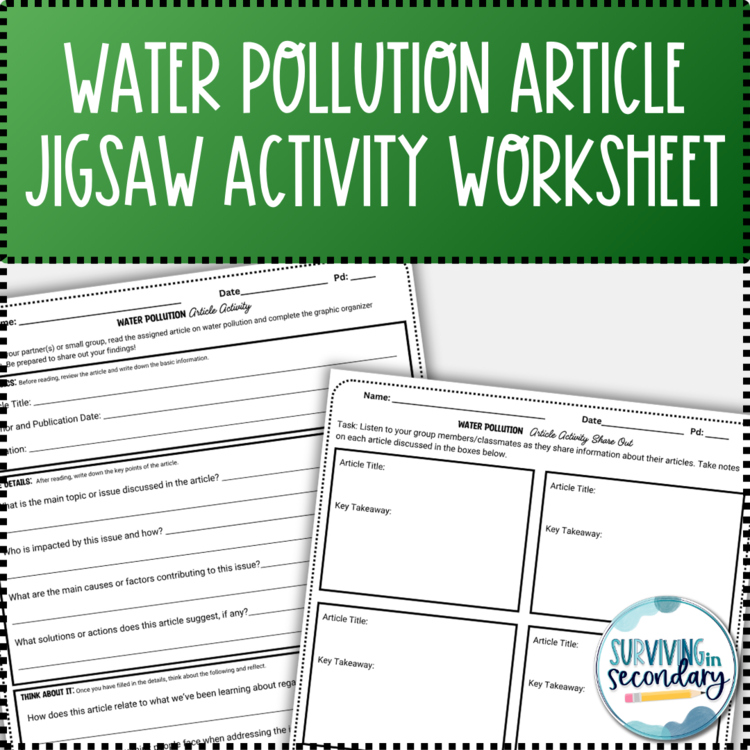 Water Pollution Article Jigsaw Activity Worksheet