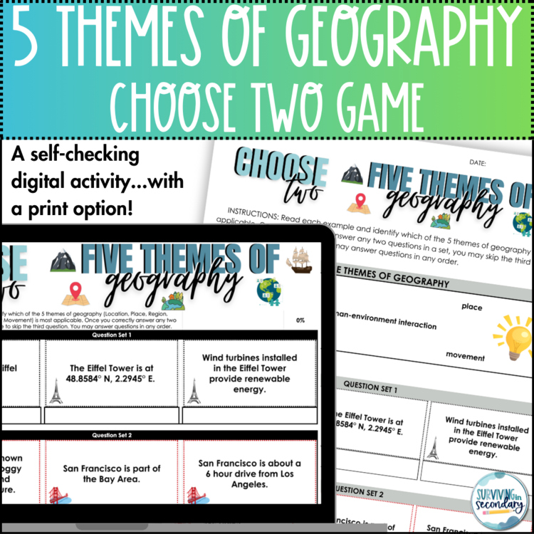 Five Themes of Geography Choose Two - Print & Digital Activity - Social Studies