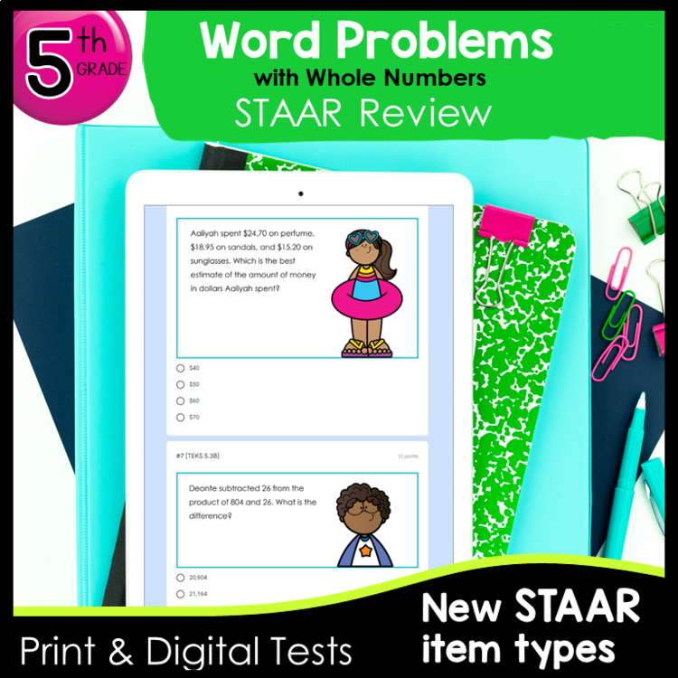 5th STAAR Math Review Single and Multi Step Word Problems Tests