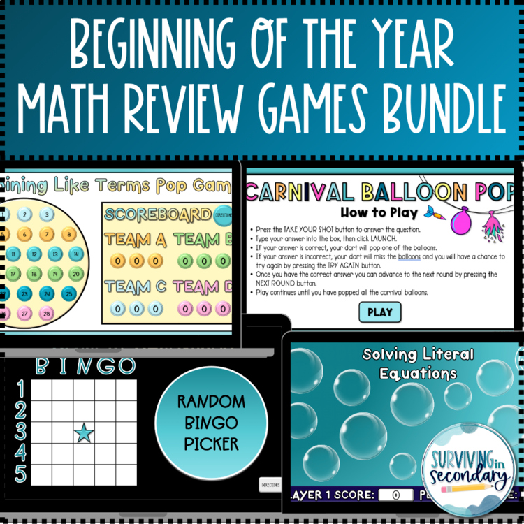 Beginning of the Year Algebra Review Games - Back to School Math Activities