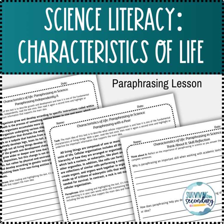 Characteristics of Life/Living Things & Paraphrasing Science Literacy Lesson
