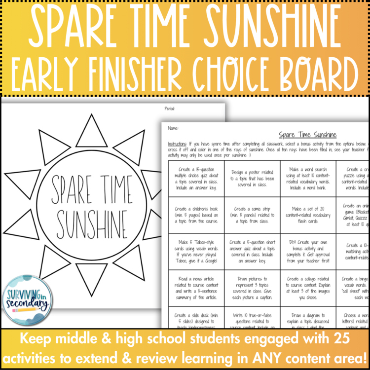Spare Time Sunshine - Early Finisher Choice Board for Middle and High School