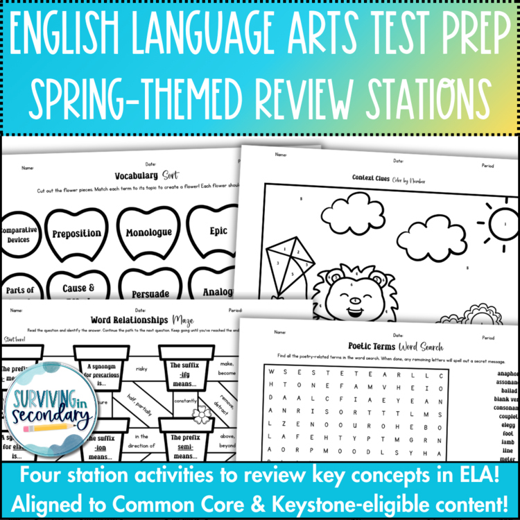 English Language Arts Test Prep Stations - Spring-Themed ELA Review Activity