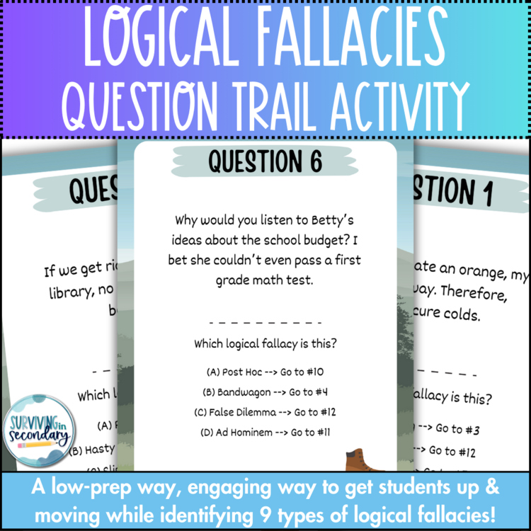 Logical Fallacies Question Trail - Scavenger Hunt Review for ELA, Debate, & more