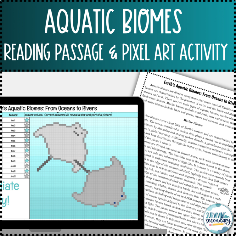Aquatic Biomes Reading Passage and Pixel Art Activity