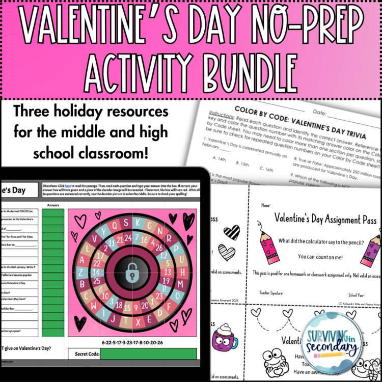 Valentine's Day Activity Bundle for Middle and High School - Use in ANY Subject!