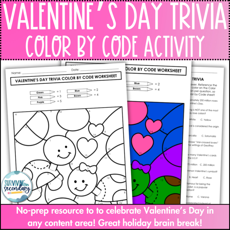 Valentine's Day Trivia Color by Code - No-Prep Holiday Lesson or Brain Break