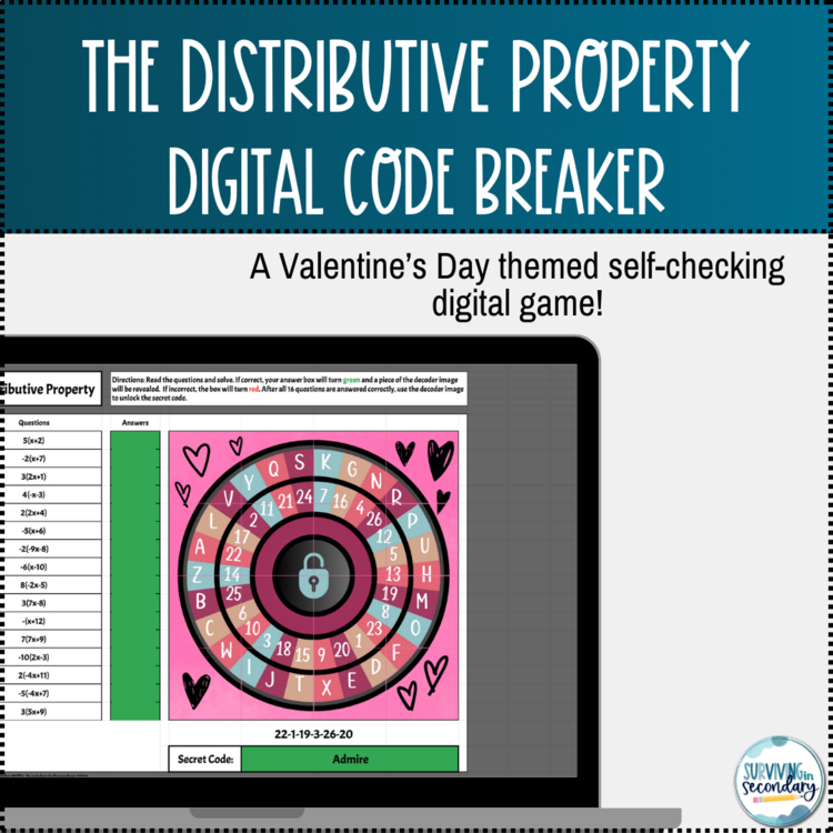 The Distributive Property Cipher Pursuit Digital Practice: Valentines Day Theme