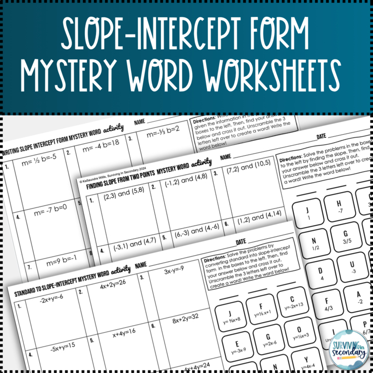 Slope-Intercept Form Mystery Word Worksheet for Algebra