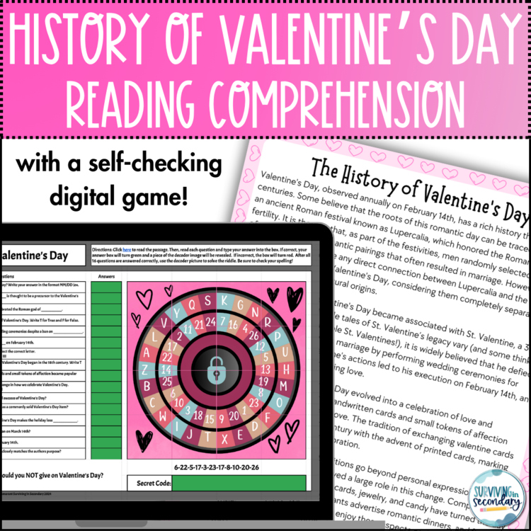 History of Valentine's Day Reading Comprehension & Game - Middle & High School