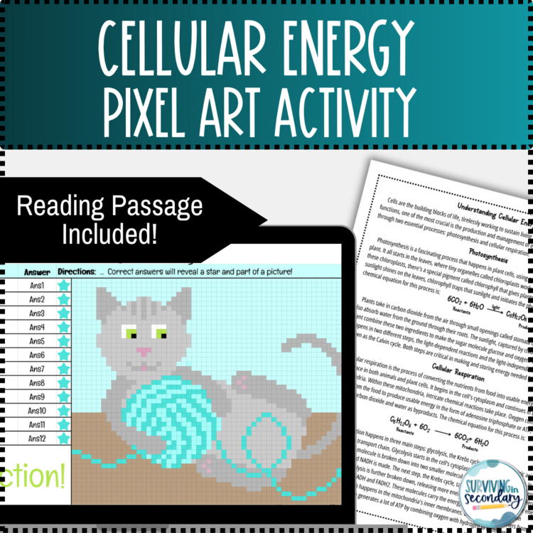 Cellular Energy- Photosynthesis and Cellular Respiration Reading and Pixel Art