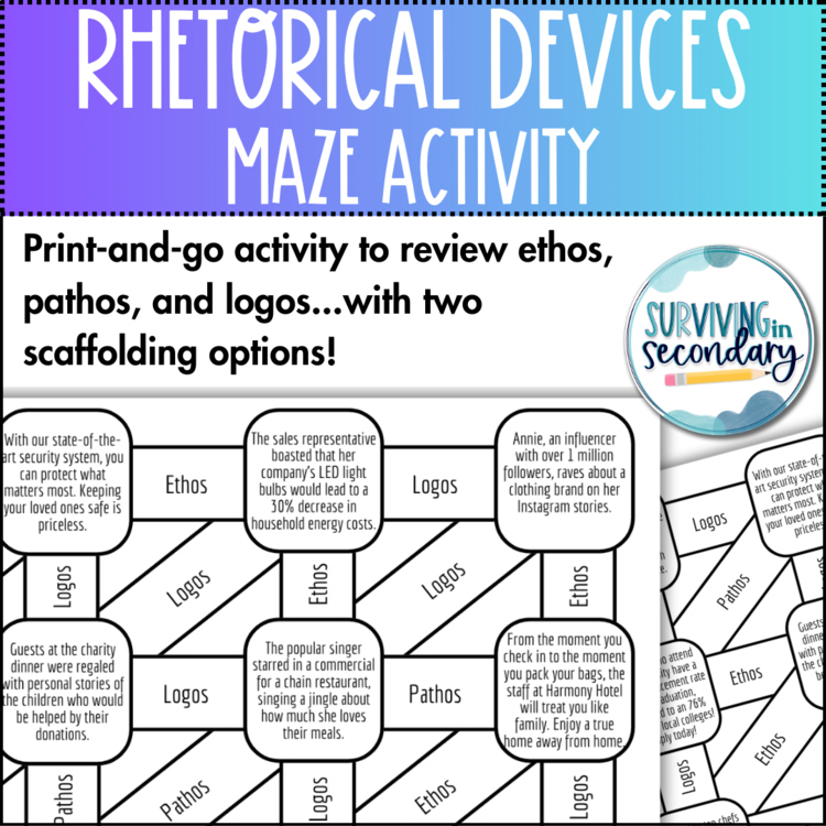 Rhetorical Appeals Maze - Ethos Pathos Logos Rhetorical Devices No-Prep Activity