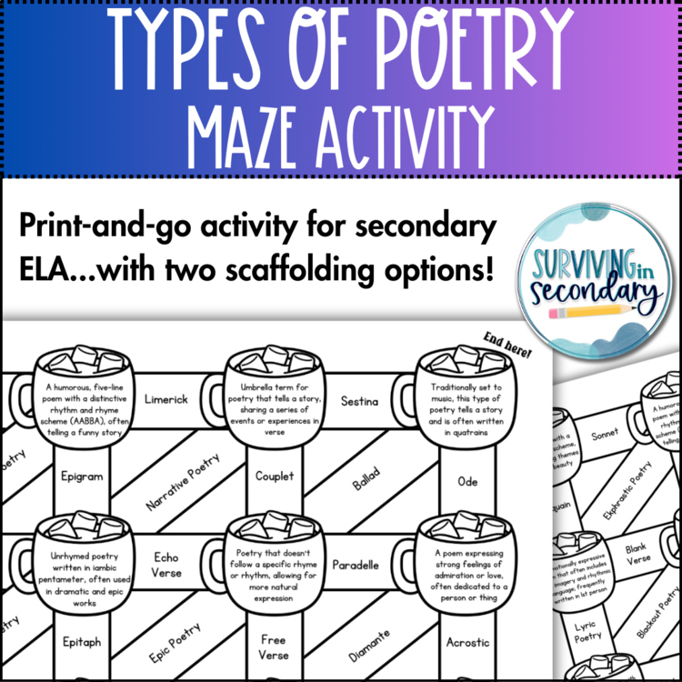 Types of Poetry Maze - No-Prep Review Activity for Middle and High School ELA