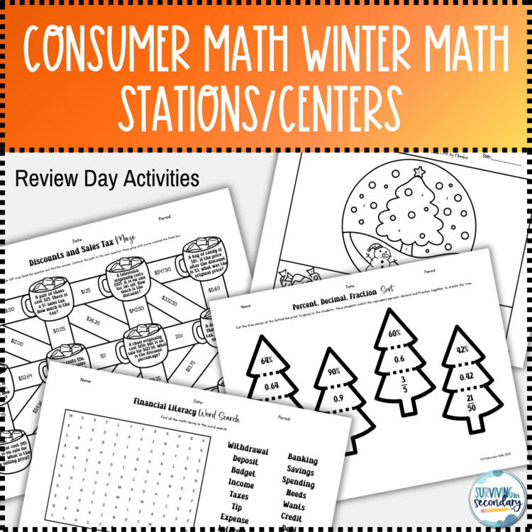Consumer Math Winter Holiday Stations Activity-Review Centers