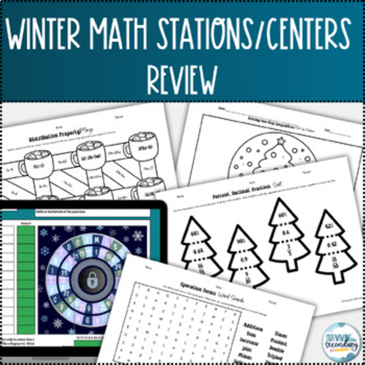 Winter Holiday Math Centers Stations Review for Pre-Algebra or Algebra