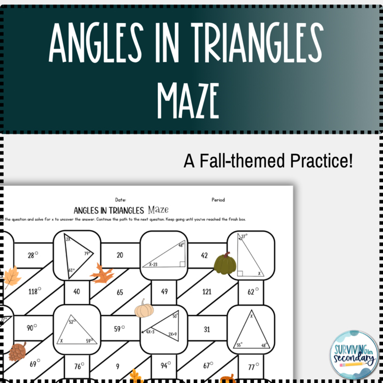 Finding Angles in Triangles Fall-Themed Maze Worksheet