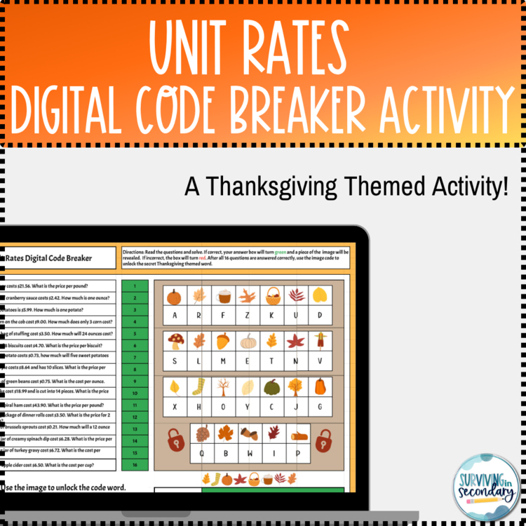 Thanksgiving Fall Menu Unit Rates Digital Code Breaker Activity