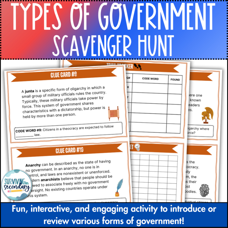Types of Government Scavenger Hunt - Interactive Activity for Gov and Civics