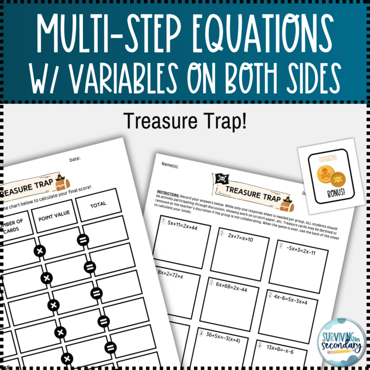 Multi-Step Equations with Variables on Both Sides Treasure Trap Review Game