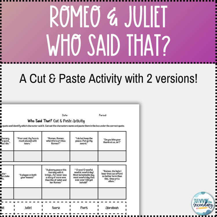 Who Said That? Romeo & Juliet Character and Quote Matching Activity