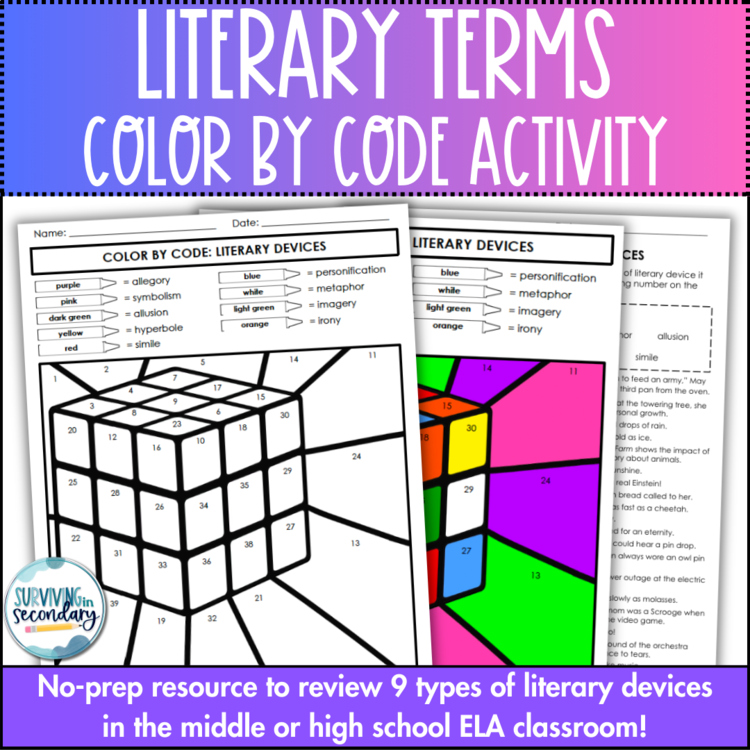 Literary Devices Color by Code - No-Prep ELA Review - Test Prep Activity