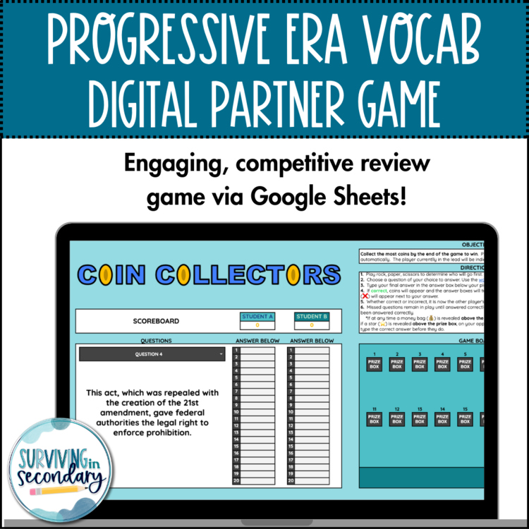 Progressive Era Vocab Review - Digital Game for U.S. History - Partner Activity