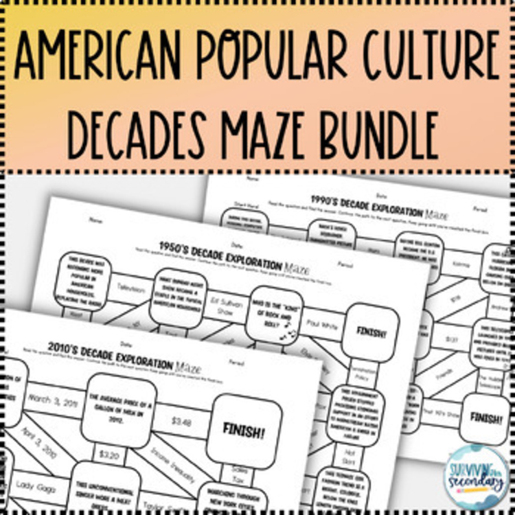 Popular Culture Decades Exploration Maze Bundle - Great for Grades 6-12