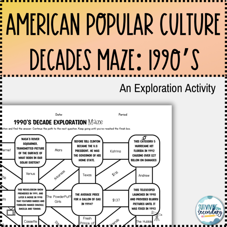 1990s Pop Culture Decade Exploration Maze - Perfect for Middle and High School