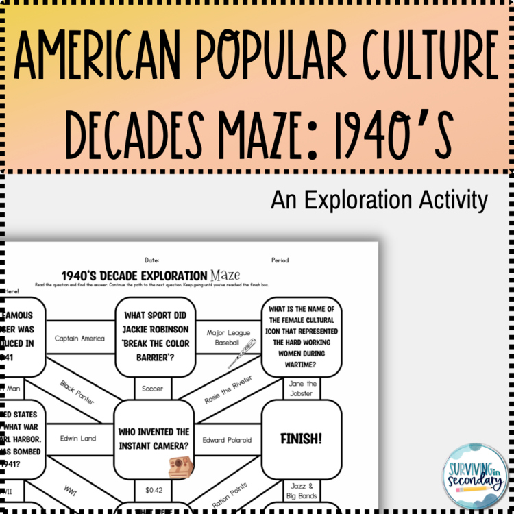 1940s Pop Culture Decade Maze Worksheet - Perfect for Middle and High School