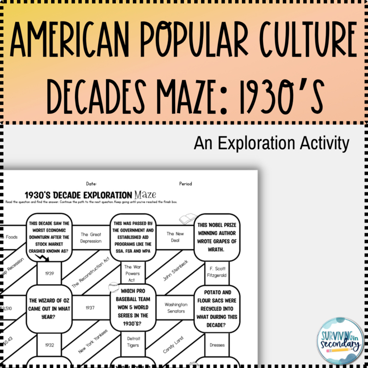 1930s Pop Culture Decade Exploration Maze - Perfect for Middle and High School