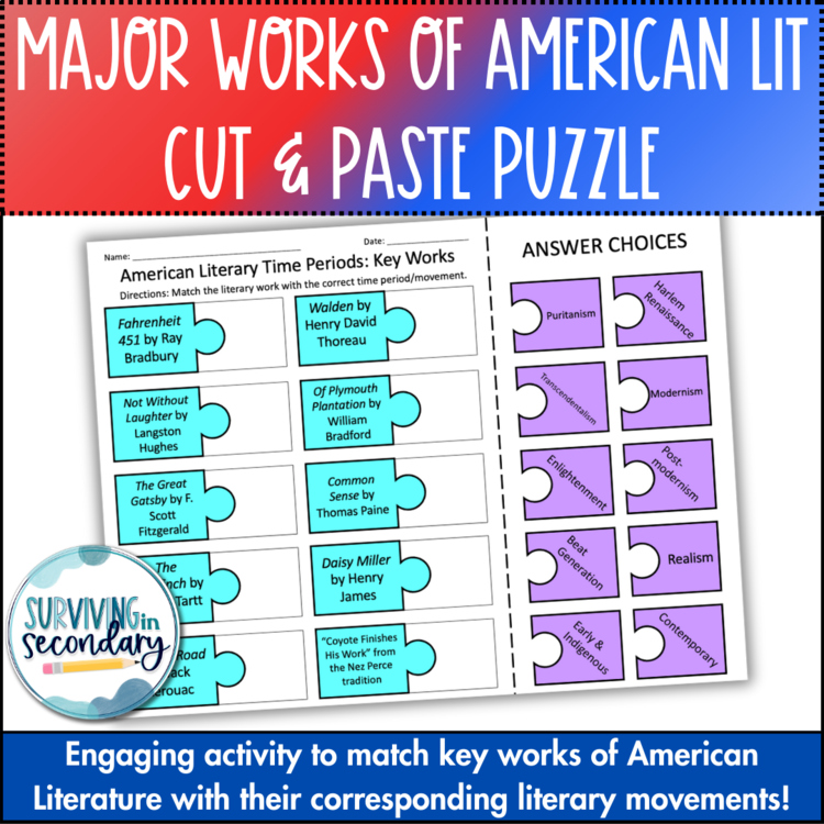 Major Works of American Literature Puzzle - No-Prep Cut & Paste Activity for ELA