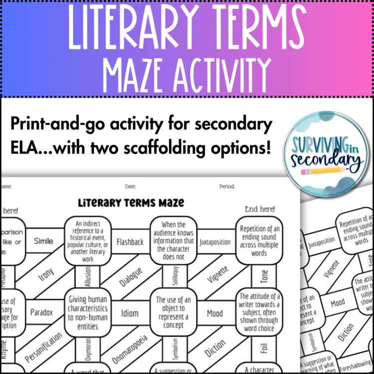 Literary Terms Maze - No-Prep Review for Secondary English Language Arts!
