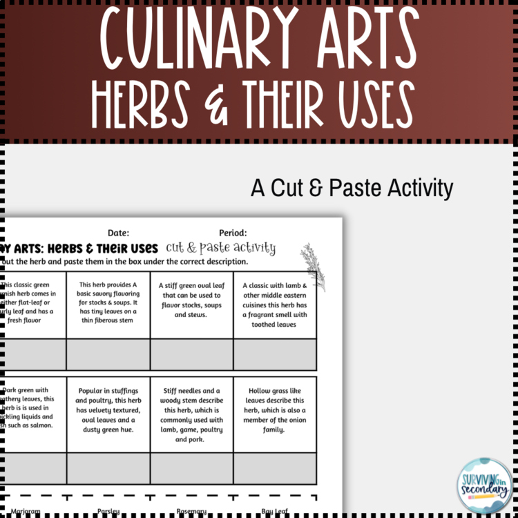 Culinary Arts Herbs and Their Uses Cut and Paste Activity