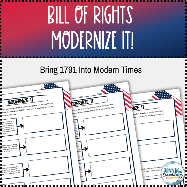 Bill of Rights Modernize It Writing Activity for U.S History/Gov