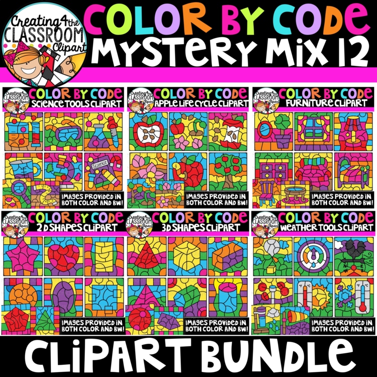 **New- Color By Code Mystery Mix 12 Clipart Bundle