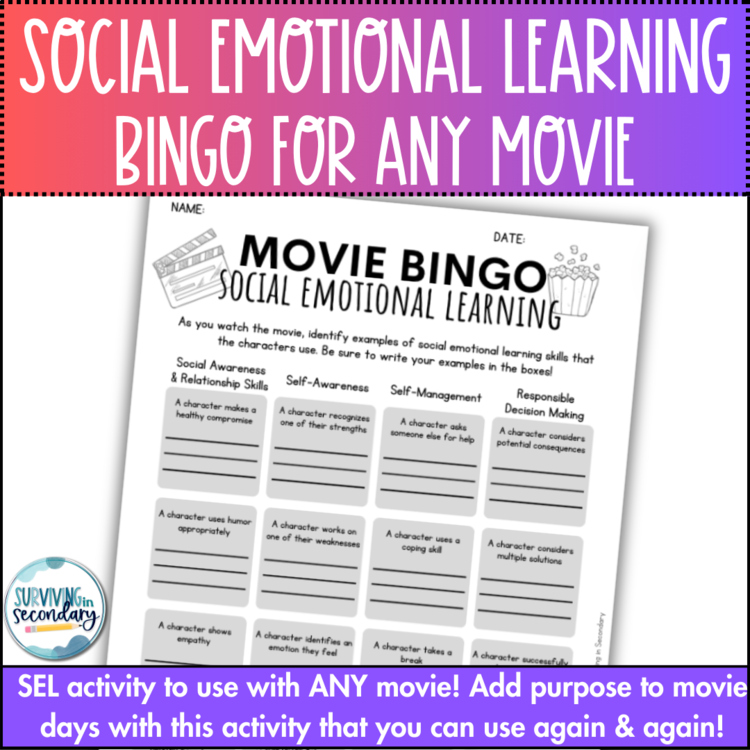 Social-Emotional Learning Bingo - SEL Movie Guide for ANY Film!