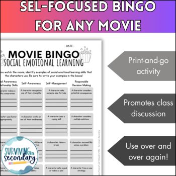 Social-Emotional Learning Bingo - SEL Movie Guide for ANY Film!, image 2