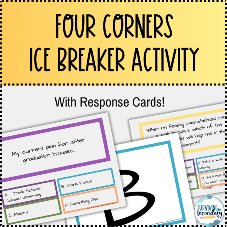 Back to School Four Corners Ice Breaker with SEL Questions for High School