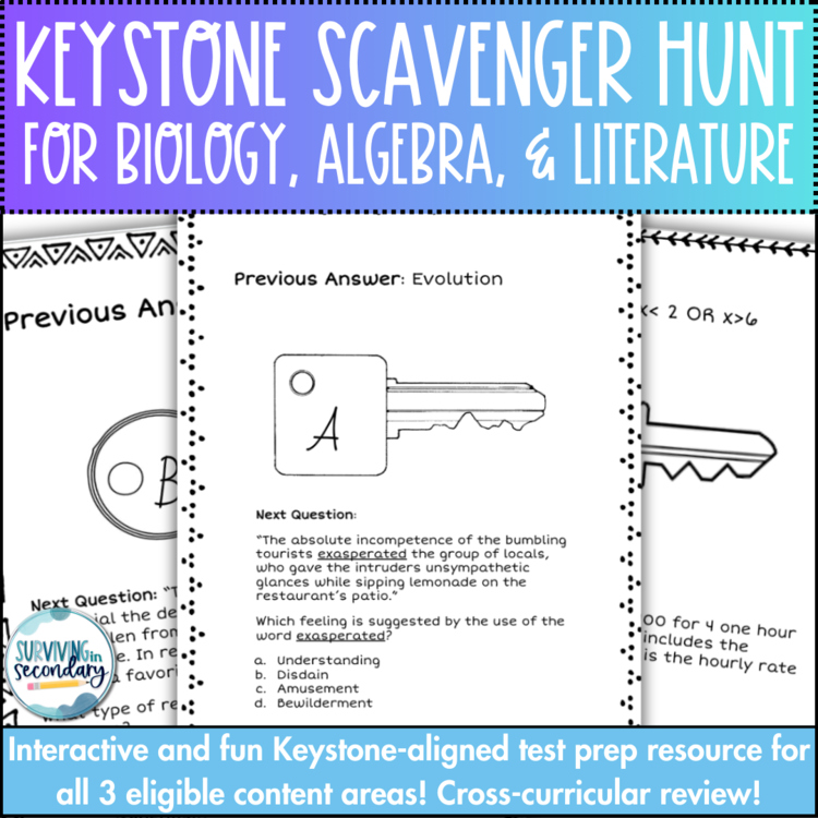 Keystone Prep Scavenger Hunt - Literature, Algebra, and Biology Test Review