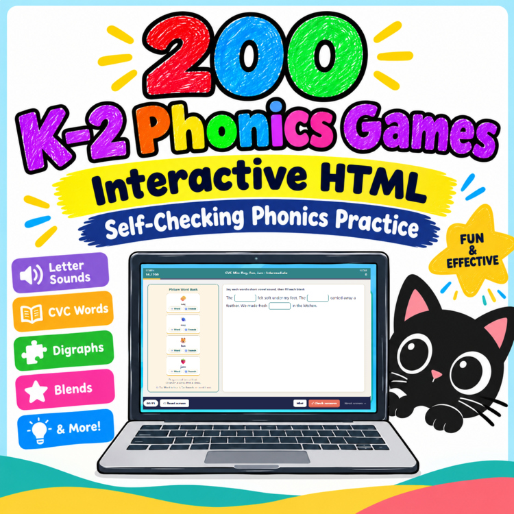 200 K–2 Phonics Games Interactive HTML | Self-Checking Phonics Practice
