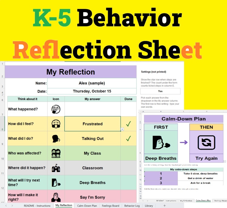 K-5 Behavior Reflection Sheet | Visual Feelings + Calm-Down | Excel + PDF