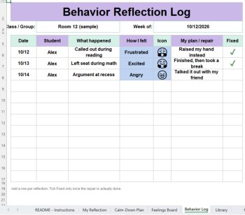 K-5 Behavior Reflection Sheet | Visual Feelings + Calm-Down | Excel + PDF, image 4