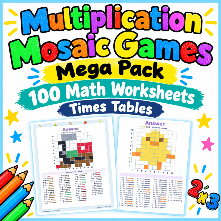 Multiplication Mosaic Games Mega Pack | 100 Math Worksheets Times Tables | 1-10