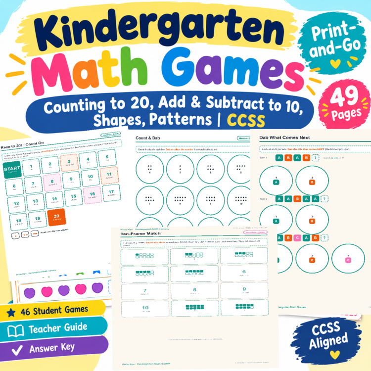 Kindergarten Math Games | 46 Print-and-Go student games + teacher guide + answer