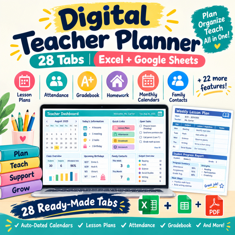 Digital Teacher Planner | 28 Tabs | Excel + Google Sheets | All Grade Levels